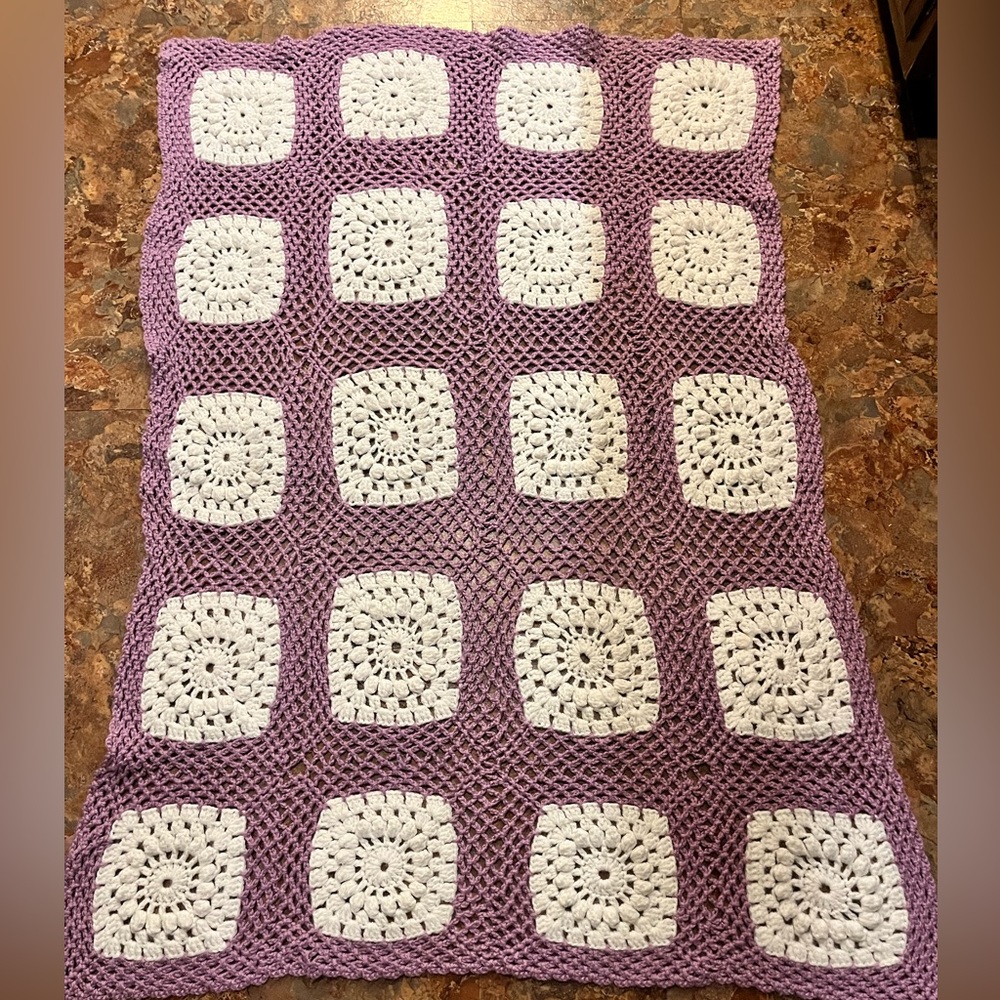 Lavender and white afghan, crochet throw blanket 48X34 inches